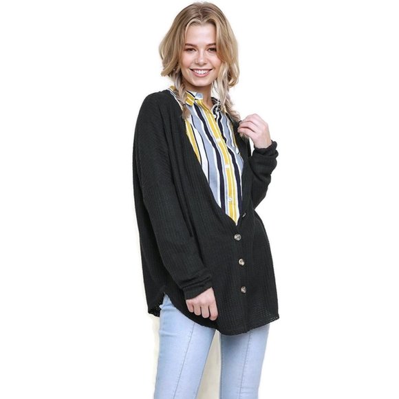 Umgee Sweaters - Umgee Waffle Knit Cardigan, Black